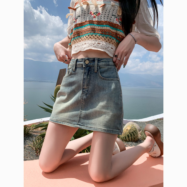 Denim short skirt for women in summer thin A-line skirt pants American draped miniskirt pear-shaped body college skirt
