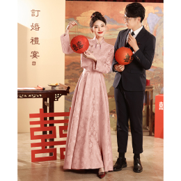 Pink bound wedding dress new Chinese cheongsam toast bride autumn winter sleeves back door dress