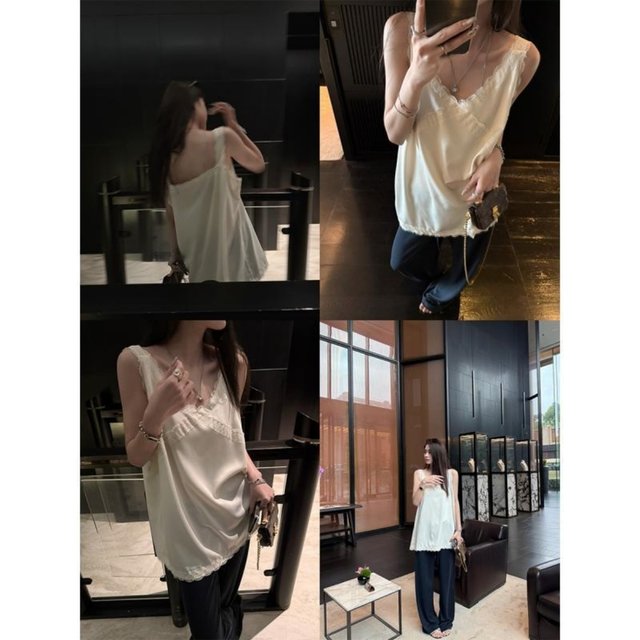 Fat MM design lace sleeveless V-neck suspender vest women 300Jin [Jin equals 0.5 kg] Large size loose meat covering simple versatile top