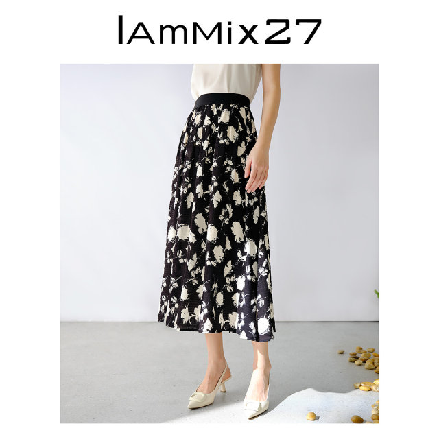 IAmMIX27 high-waisted skirt for women simple contrasting color print waist-hugging slimming casual and versatile mid-length A-line skirt