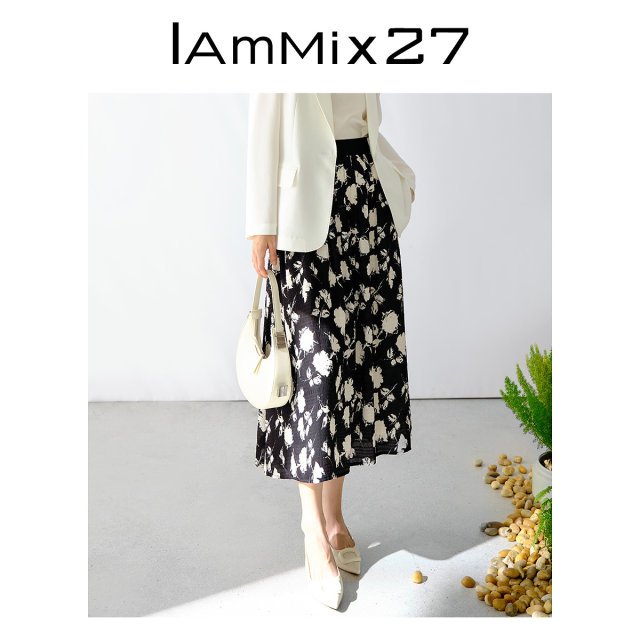IAmMIX27 high-waisted skirt for women simple contrasting color print waist-hugging slimming casual and versatile mid-length A-line skirt