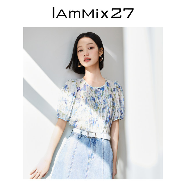 IAmMIX27 round neck puff sleeve shirt for women in summer casual pinch pleated print versatile comfortable and light short-sleeved shirt
