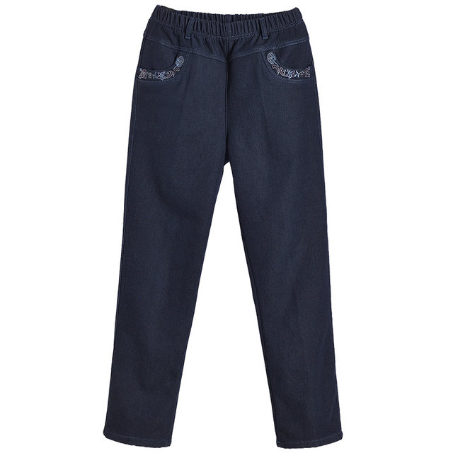 Middle-aged and elderly women's jeans, winter mom pants, thickened velvet, outer wear straight pants, high-waisted elastic granny pants