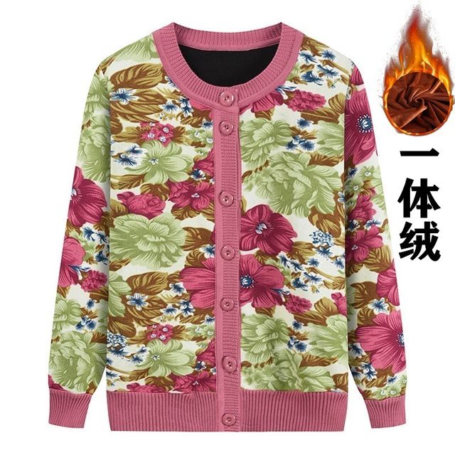 Spring and Autumn middle-aged and elderly grandma wear round neck velvet thickened sweater women's bottoming sweater sweater cardigan floral jacket