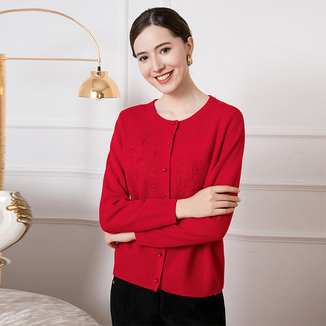 Enjoyable middle-aged and elderly women's mother's woolen sweater knitted cardigan red festive mother's clothing