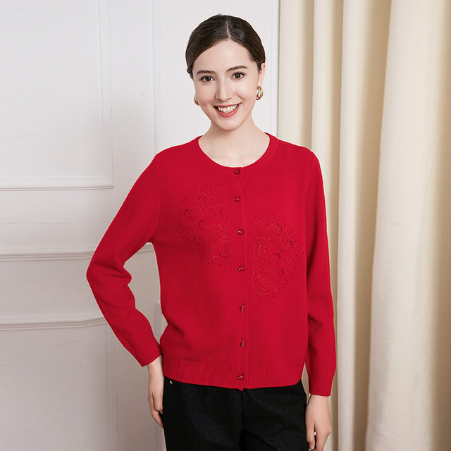 Enjoyable middle-aged and elderly women's mother's woolen sweater knitted cardigan red festive mother's clothing