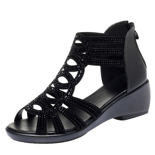 Genuine leather Roman sandals for women 2025 new summer mother shoes fish mouth wedge large size women's shoes thick sole flat shoes