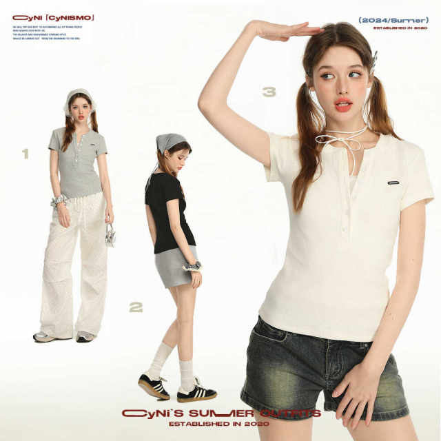 Cyni basic versatile embroidery logo Henry leads T -shirt short -sleeved top female fashion slimming slimming niche design
