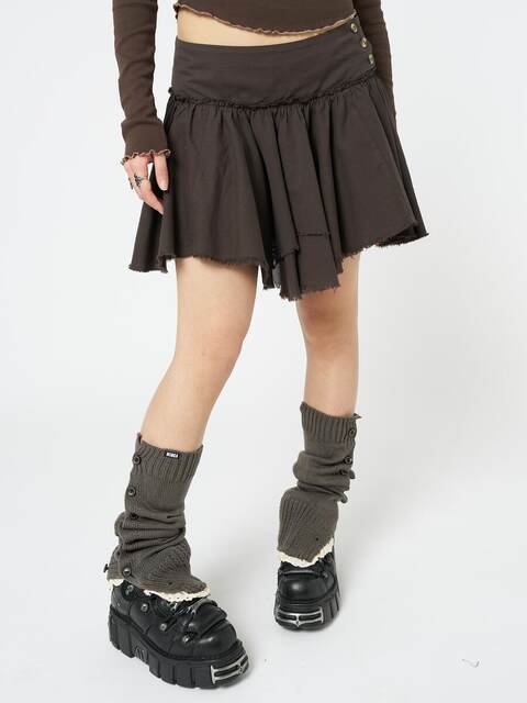 Minga new product A -line retro Y2K brown low waist double -layer buttons decorative side zipper asymmetric skirt