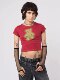 Minga autumn American retro teddy pattern red round neck slim short T-shirt top baby tee
