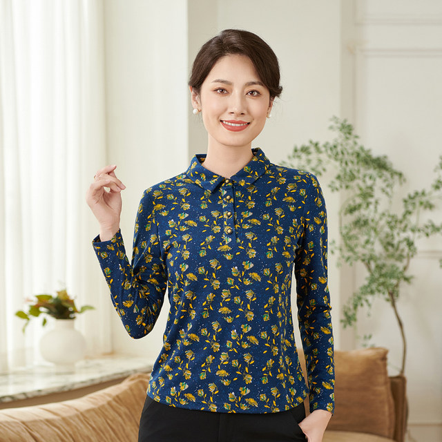 Xiangmulan 2025 Spring and Autumn New Middle-aged and Elderly Mommy Clothes POLO Collar Large Size Long Sleeve Pullover Floral Shirt for Women