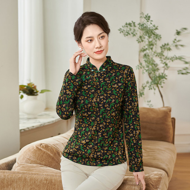 Xiangmulan Chinese Style Disc Button Stand Collar Pullover T-shirt Women's Autumn and Winter New Floral Mother's Wear