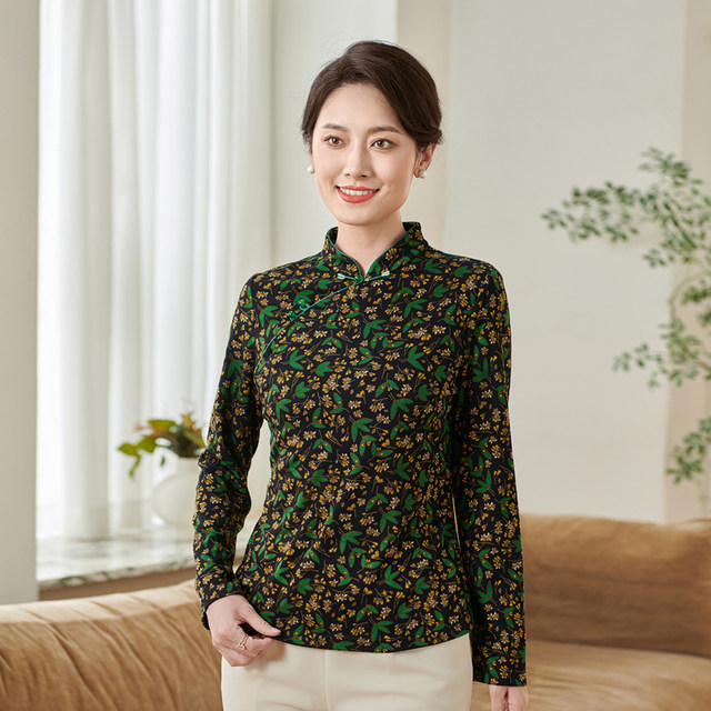 Xiangmulan Chinese Style Disc Button Stand Collar Pullover T-shirt Women's Autumn and Winter New Floral Mother's Wear