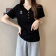 Black V -neck short -sleeved T -shirt Ms. 2023 Summer design sense embroidery, loose large size, shoulder top