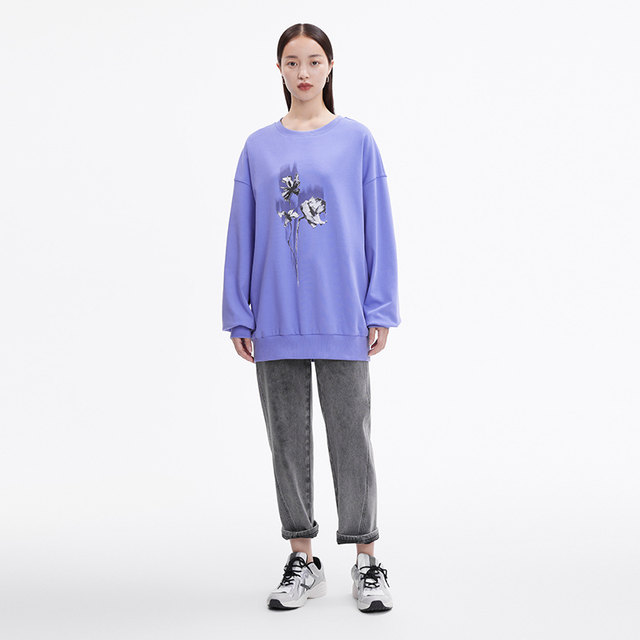 Spring new loose and versatile casual relaxed shoulder flower printed sweatshirt
