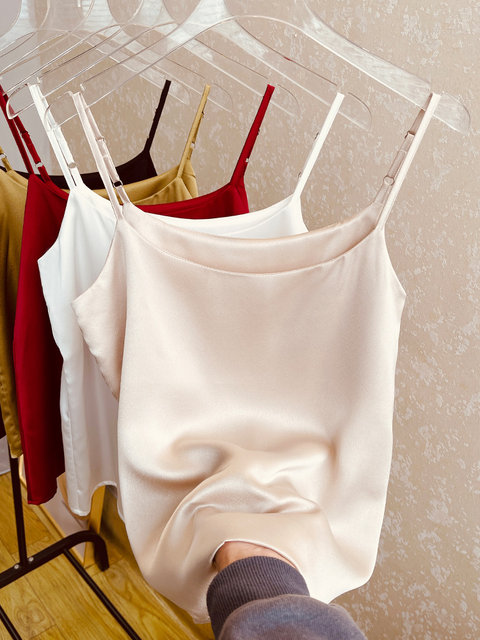 Adjustable shoulder strap suspender vest Female wearing summer suits with base white satin loose thin top
