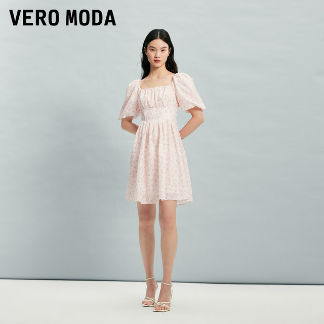 Vero Moda Outlet Dress Summer New Lace Puff Sleeve Square Collar Floral Short Sleeve A-line Waist Skirt
