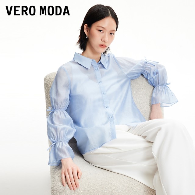 Vero Moda Outlet Shirt for Women's Summer New Sweet Elastic Bow Flat Sleeve Temperament Tops