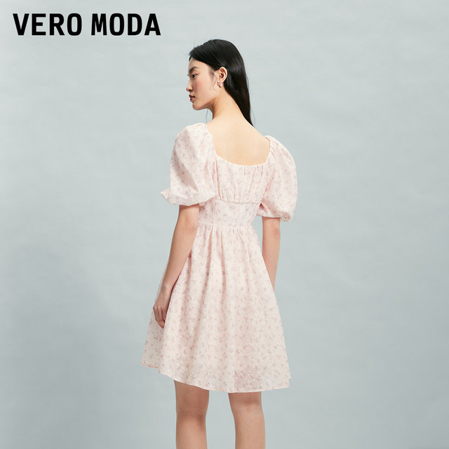 Vero Moda Outlet Dress Summer New Lace Puff Sleeve Square Collar Floral Short Sleeve A-line Waist Skirt