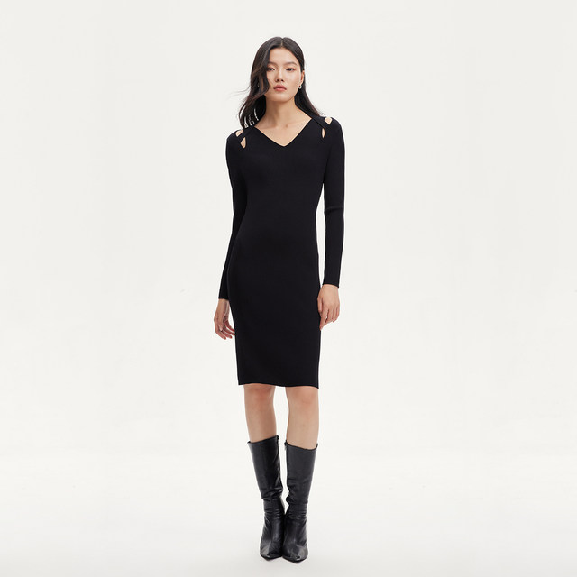 Vero Moda Outlet Knitted Dress Fall New V-neck Halves Neck Shoulder Hollow Slim Elegant Trendy