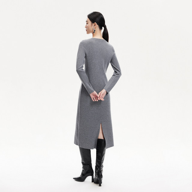 Vero Moda Outlet Knitted Dress Fall New Bamboo Print Rear Slit Long Sleeve Round Neck Trendy