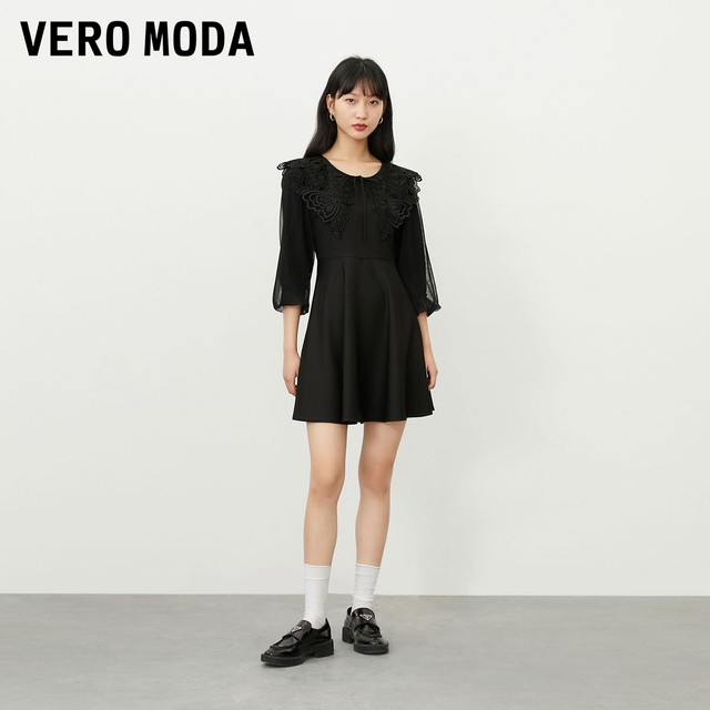 Vero Moda Outlet Dress Spring and Autumn New A-line Skirt Cropped Sleeve Romantic Elegant Temperament Lace Neck