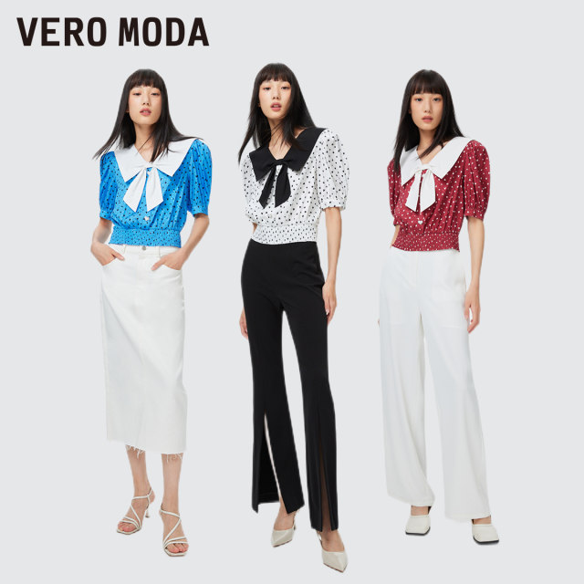 VeroModa Ole Chiffon Shirt Summer Clearance Sweet Bow Puff Sleeve Polka Dot Waist-Close-Up Top for Women