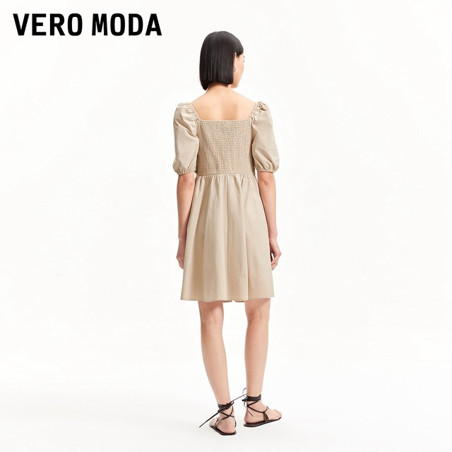 Vero Moda Outlet Dress Summer New Knitted Hollow Spliced ​​Puff Sleeve Square Collar Vacation Style Skirt