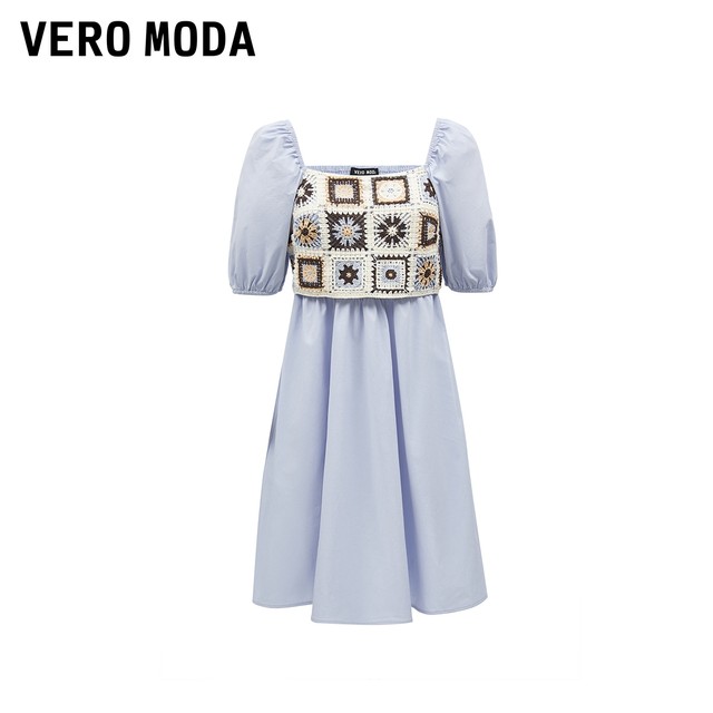 Vero Moda Outlet Dress Summer New Knitted Hollow Spliced ​​Puff Sleeve Square Collar Vacation Style Skirt