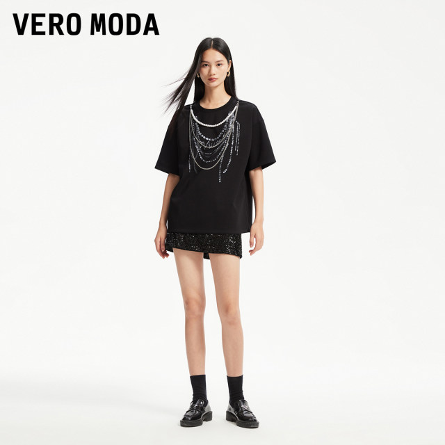 Vero Moda Outlet T-shirt Short-sleeved Women's Summer New Loose Chain Decorative Printed Low-Shoulder Mid-Sleeve Top