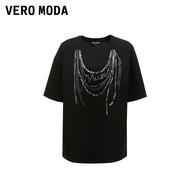 Vero Moda Outlet T-shirt Short-sleeved Women's Summer New Loose Chain Decorative Printed Low-Shoulder Mid-Sleeve Top