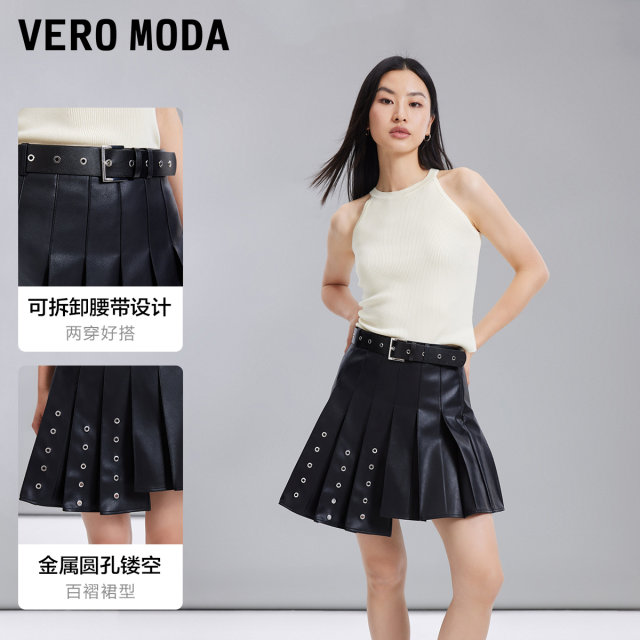 Vero Moda Outlet Skirt New Fashionable High Street PU pleated A-line high-waisted temperament short skirt is popular