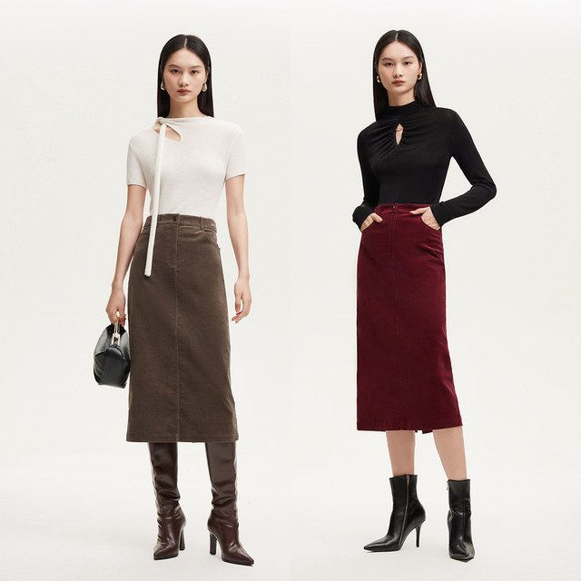 Vero Moda Outlet Skirt Summer New Corduroy Rear Slit Straight Long Skirt Retro Fashion