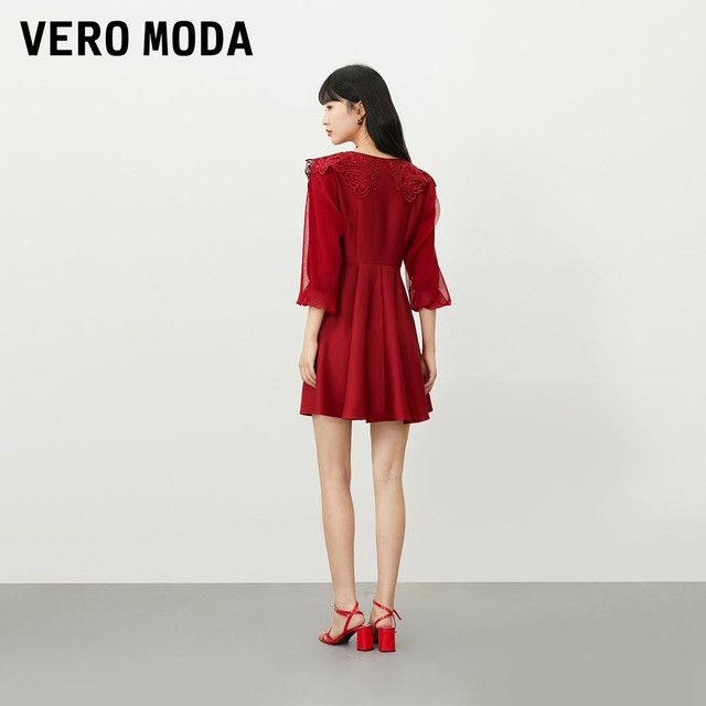Vero Moda Outlet Dress Spring and Autumn New A-line Skirt Cropped Sleeve Romantic Elegant Temperament Lace Neck