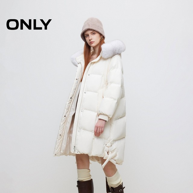 ONLY Outlet Winter 90 White Goosevelt Simple and Versatile Fur Collar Mid-Length Down Jacket for Women