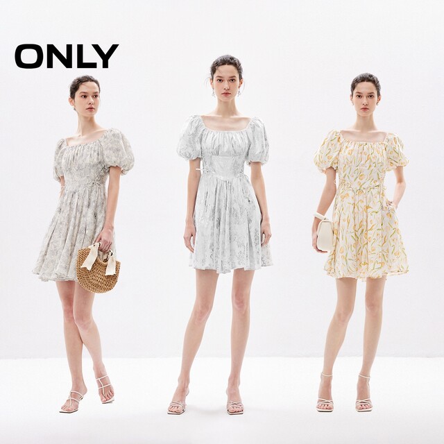 
ONLY Summer Palace Style French Retro Square Collar Waist Short Dress Dress Women