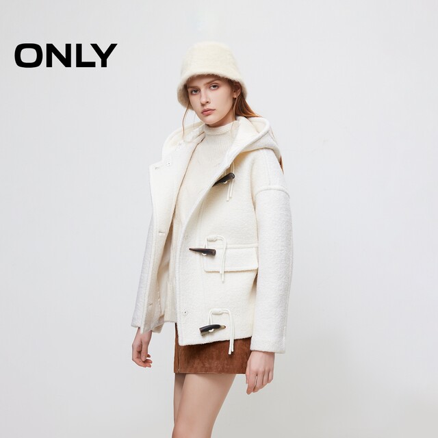 ONLY Spring Academy Style Bullhorn Buckle Hooded Solid Color Shoulder Woolen Coat Women