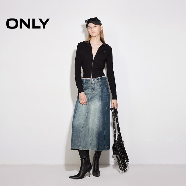 ONLY Summer Design Contrast Color Spliced ​​High Waist A-line Denim Skirt for Women