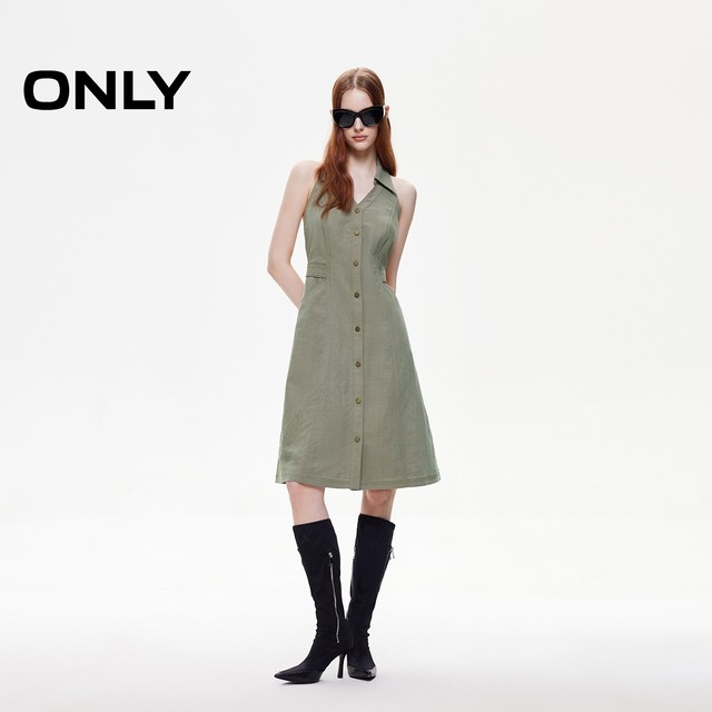 ONLY2025 summer new sexy neck V-neck backless A-line single-breasted pleated midi dress for women