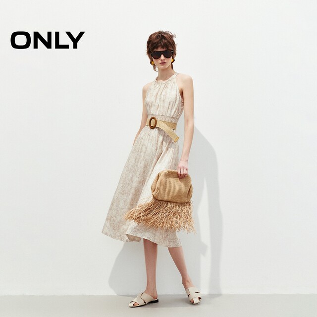 ONLY Outlet 2025 summer new French shoulder-cut design printed halter neck oil painting skirt midi skirt dress for women