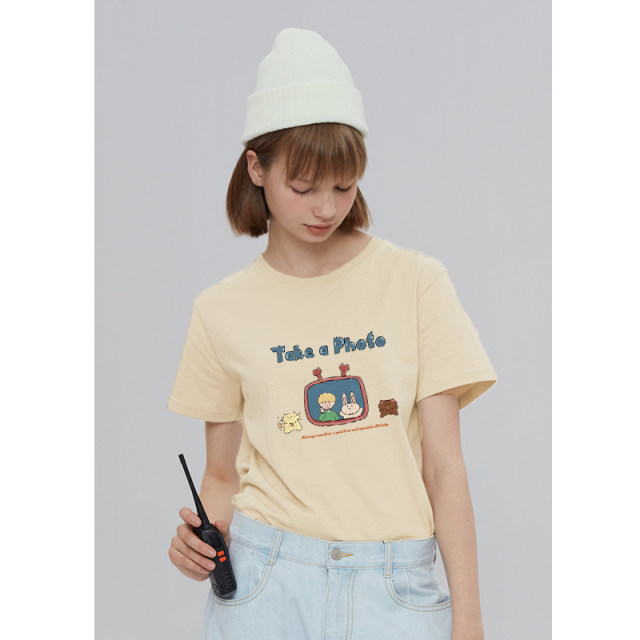 Cotton and Japanese cute cartoon gray, short -sleeved short -sleeved T -shirt female pure cotton loose summer small half -sleeve top
