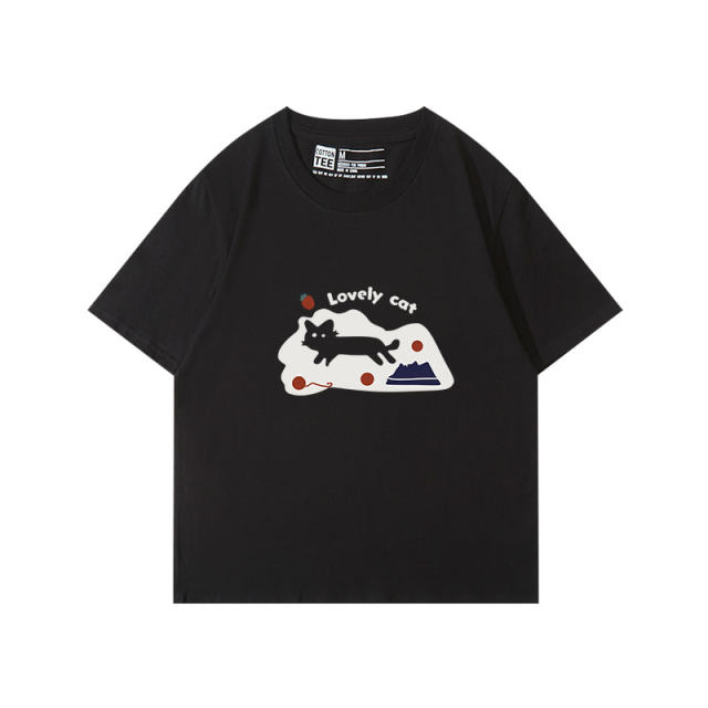 Cotton Glutter Cool Wind Cartoon T -shirts, Shoulder Short -sleeved Women Short Summer Round Neck Tau 100%Cotton Black Half -sleeve