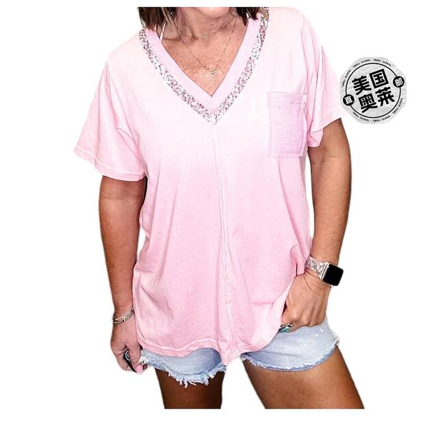 Self-operated pol pink pocket T-shirt - pink straight hair