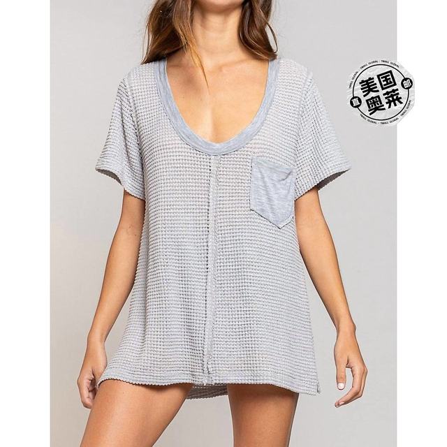 Self-operated pol grey waffle pocket t-shirt - grey straight hair