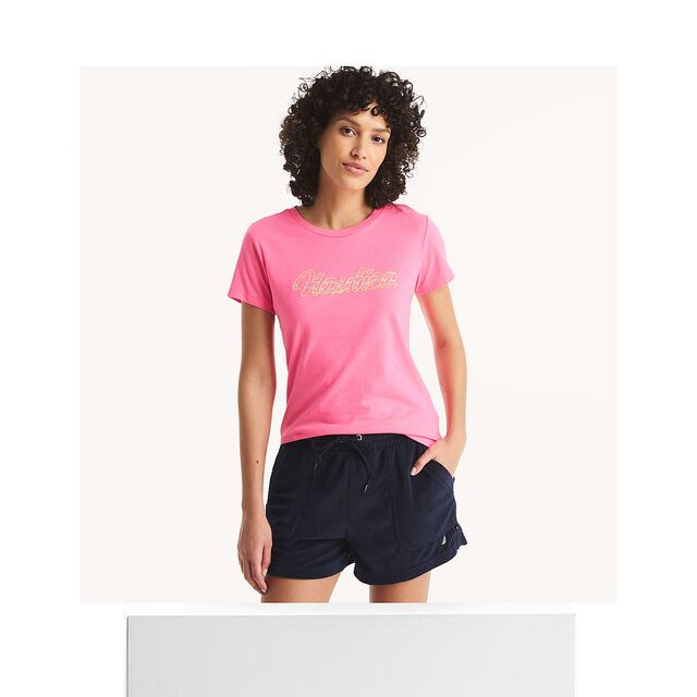 Self-operated Nautica Women's Logo Aluminum Foil Pattern T-Shirt - Stunning Pink 16-2130 [USA
