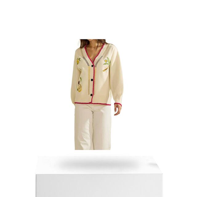 Self-operated able cream embroidered V-neck cardigan straight
