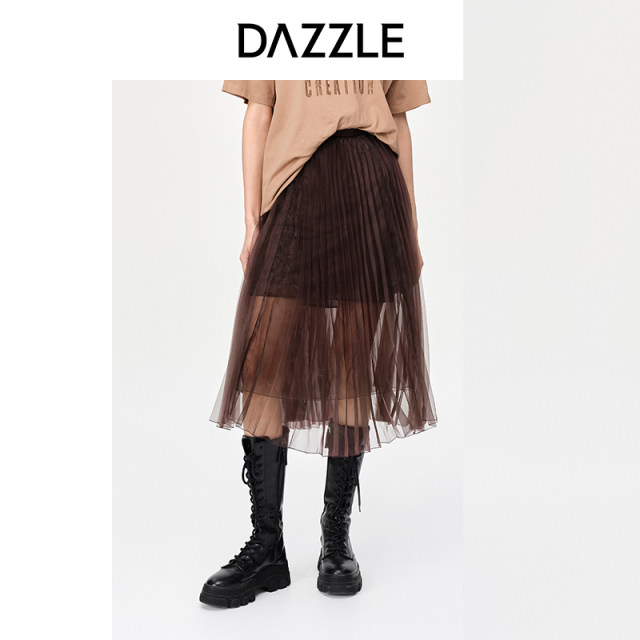 DAZZLE Disuole Spring and summer French temperament fairy mesh pleated A-line mid-length skirt for women