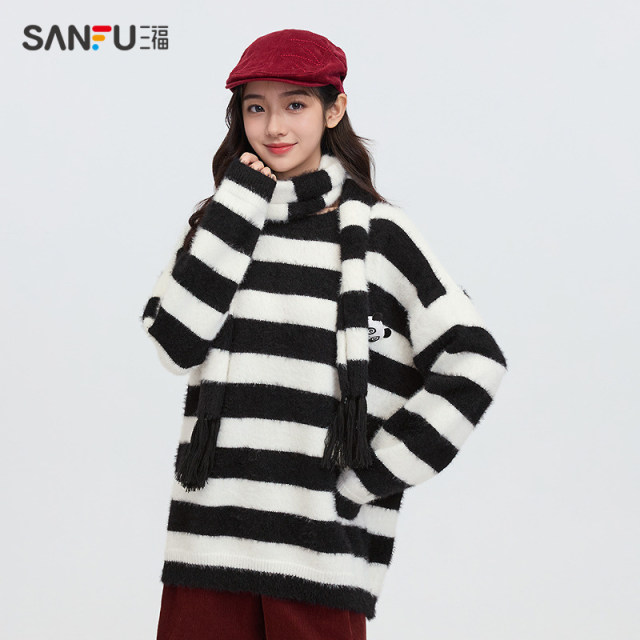 Sanfu Sweater 2025 Spring Same Color Scarf Loose Striped Round Neck Fashion Top Women 495521