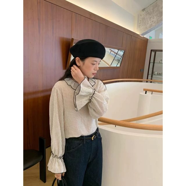 2024 autumn sweet wood ears contrasting black flared sleeves loose striped shirt for women