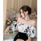 Hong Kong style retro ink printing one-length shirt for women in summer puff sleeves short shirt chiffon short sleeve top trendy
